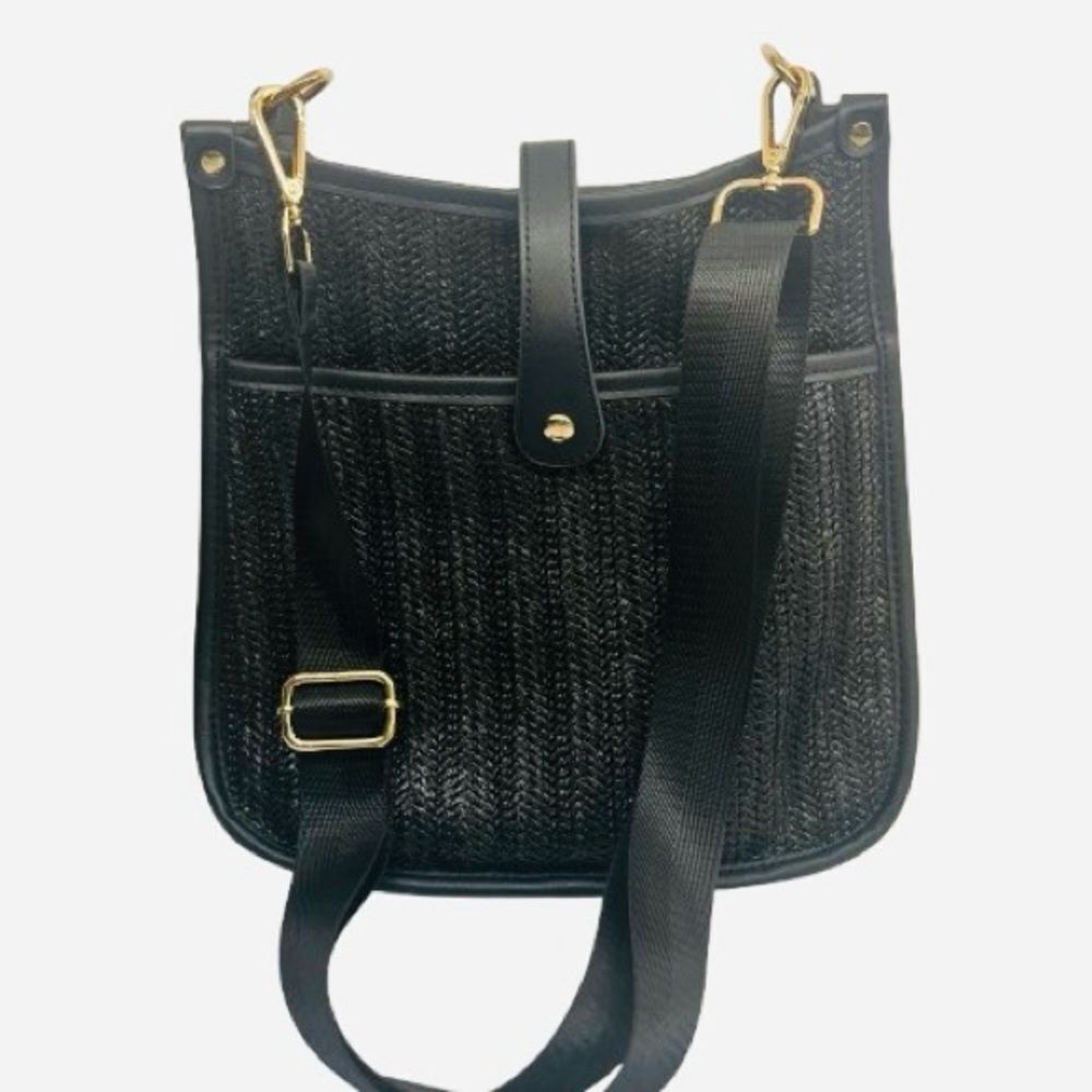 Rattan Woven Black Crossbody Bag with Gold Accents NWOT